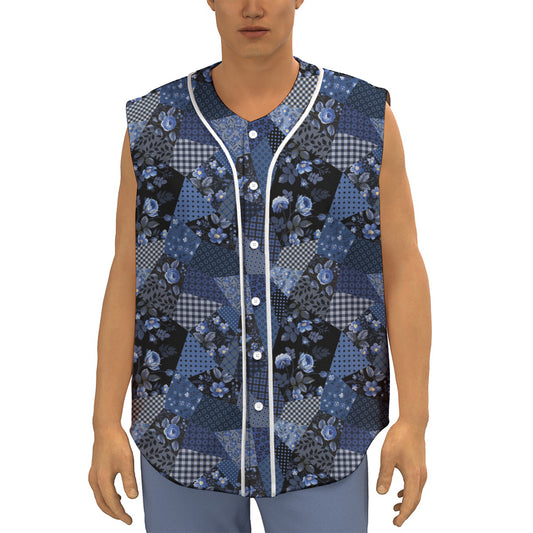 Blue Flower Patchwork Pattern Print Sleeveless Baseball Jersey