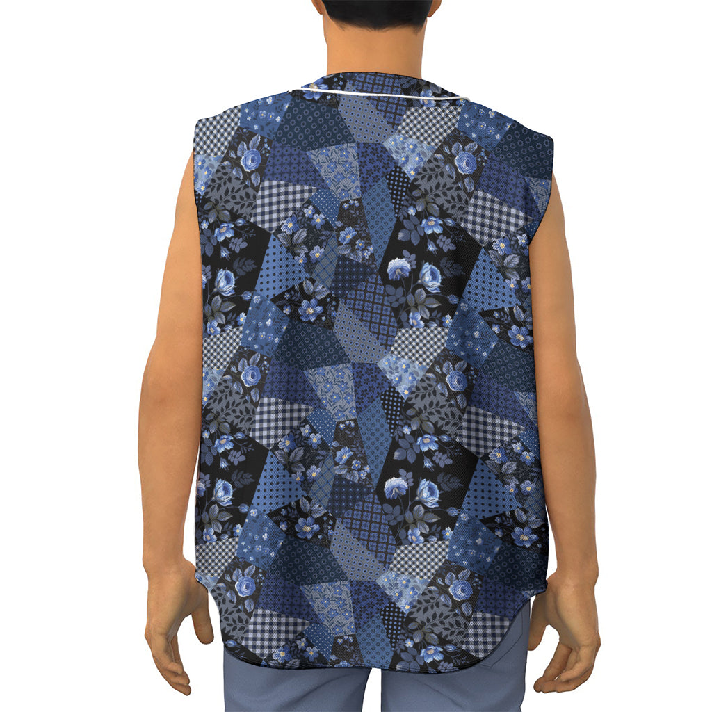 Blue Flower Patchwork Pattern Print Sleeveless Baseball Jersey