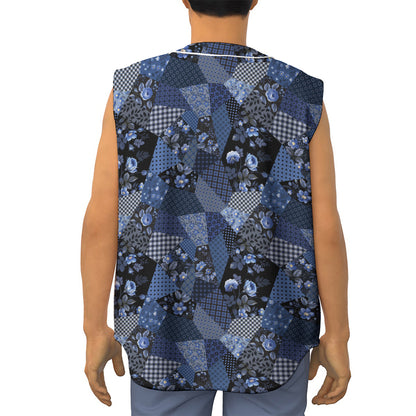 Blue Flower Patchwork Pattern Print Sleeveless Baseball Jersey