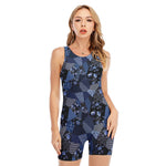 Blue Flower Patchwork Pattern Print Sleeveless One Piece Swimsuit