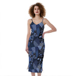 Blue Flower Patchwork Pattern Print Slim Fit Midi Cami Dress
