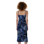 Blue Flower Patchwork Pattern Print Slim Fit Midi Cami Dress