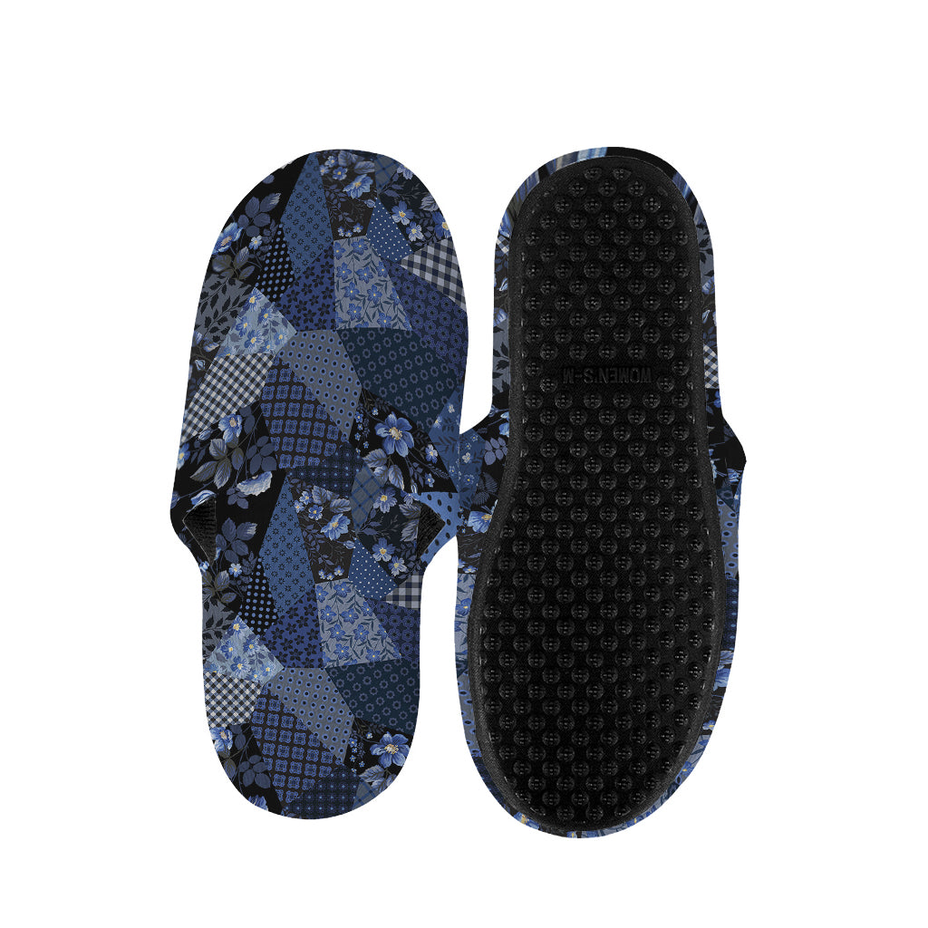 Blue Flower Patchwork Pattern Print Slippers