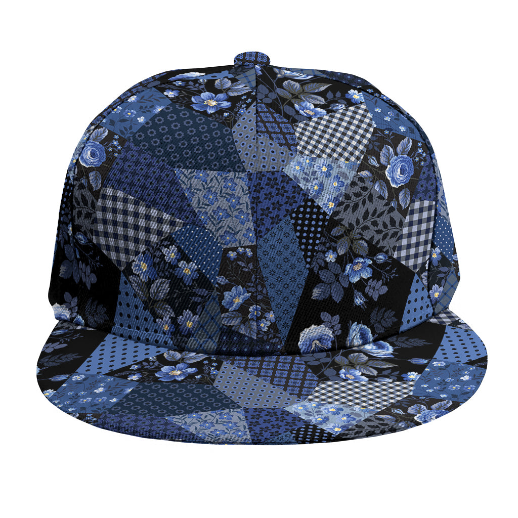 Blue Flower Patchwork Pattern Print Snapback Cap