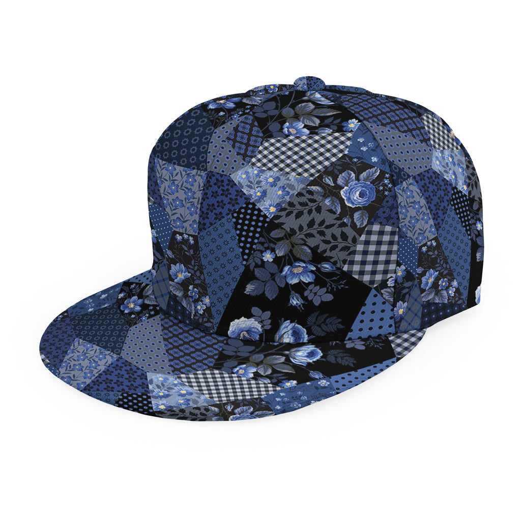 Blue Flower Patchwork Pattern Print Snapback Cap
