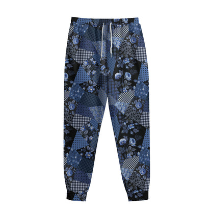 Blue Flower Patchwork Pattern Print Sweatpants