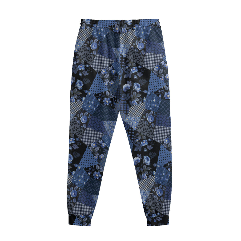 Blue Flower Patchwork Pattern Print Sweatpants