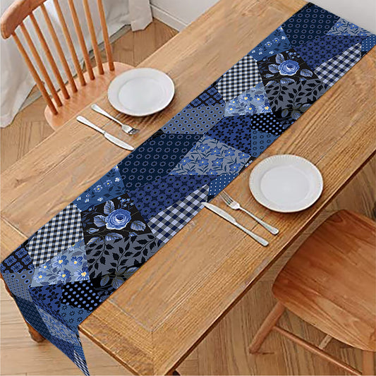 Blue Flower Patchwork Pattern Print Table Runner