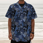 Blue Flower Patchwork Pattern Print Textured Short Sleeve Shirt