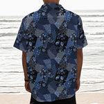 Blue Flower Patchwork Pattern Print Textured Short Sleeve Shirt