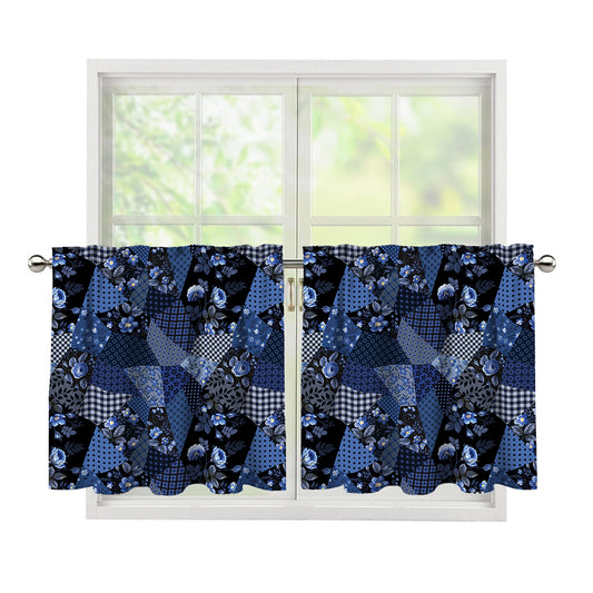 Blue Flower Patchwork Pattern Print Tier Curtains