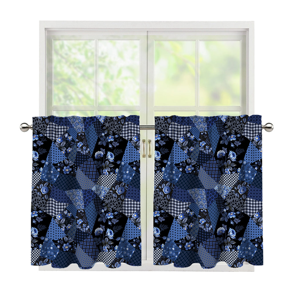 Blue Flower Patchwork Pattern Print Tier Curtains