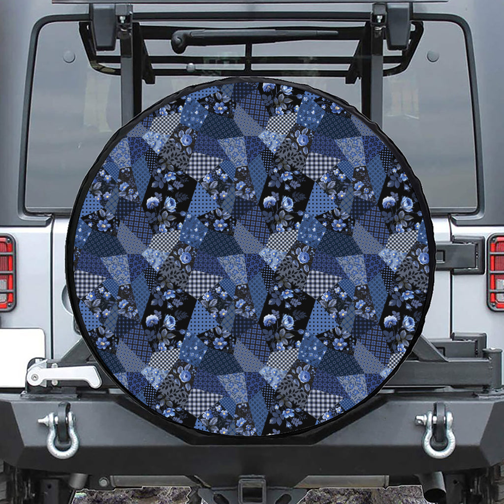 Blue Flower Patchwork Pattern Print Tire Cover