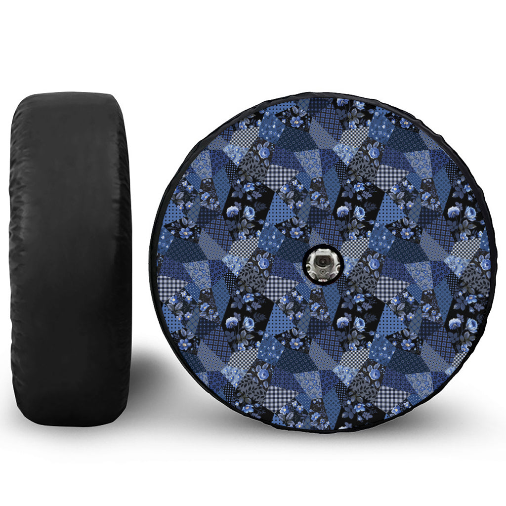 Blue Flower Patchwork Pattern Print Tire Cover With Camera Hole