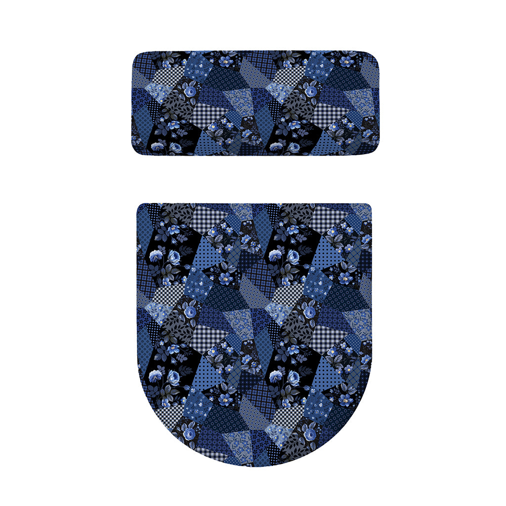 Blue Flower Patchwork Pattern Print Toilet Lid And Tank Cover Set