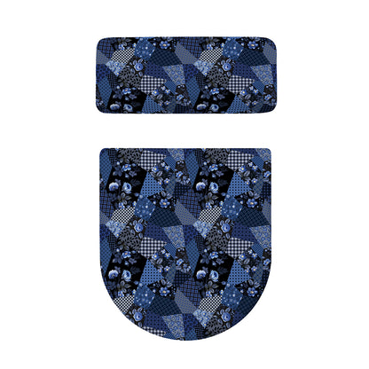 Blue Flower Patchwork Pattern Print Toilet Lid And Tank Cover Set