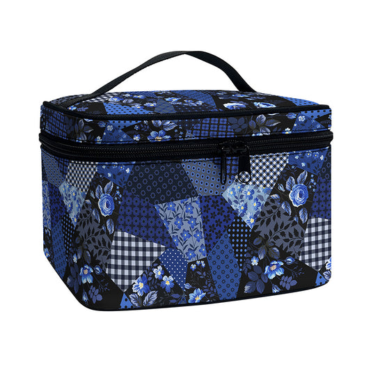 Blue Flower Patchwork Pattern Print Travel Makeup Bag