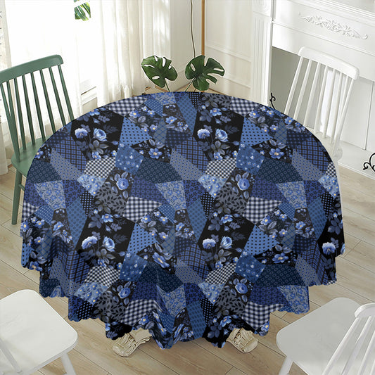 Blue Flower Patchwork Pattern Print Waterproof Round Tablecloth