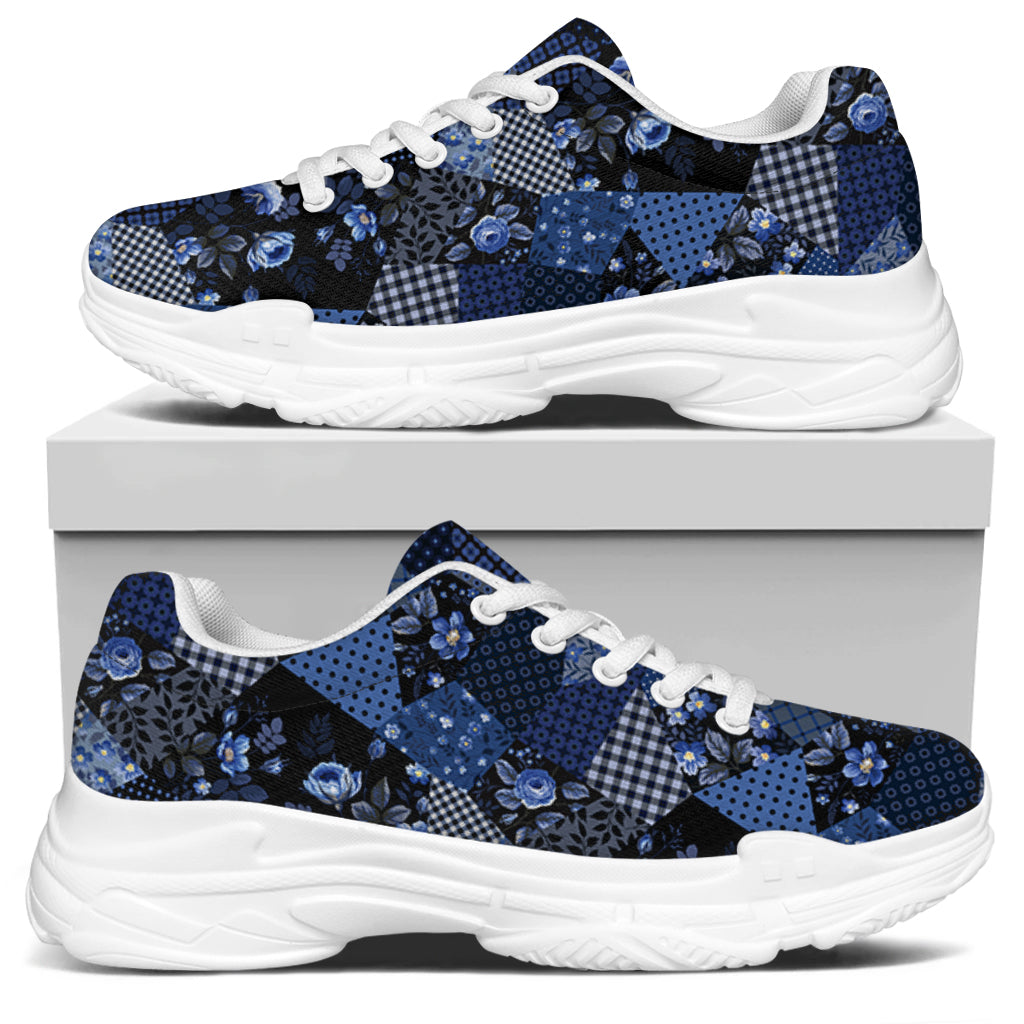 Blue Flower Patchwork Pattern Print White Chunky Shoes