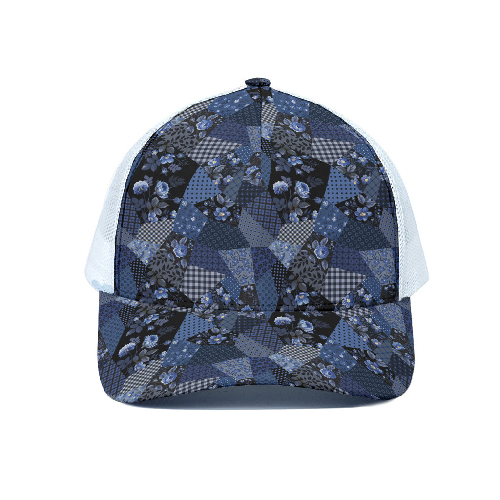 Blue Flower Patchwork Pattern Print White Mesh Trucker Cap