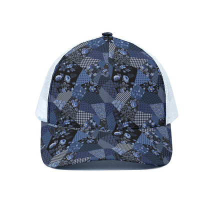 Blue Flower Patchwork Pattern Print White Mesh Trucker Cap