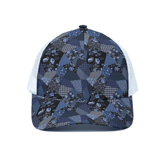 Blue Flower Patchwork Pattern Print White Mesh Trucker Cap
