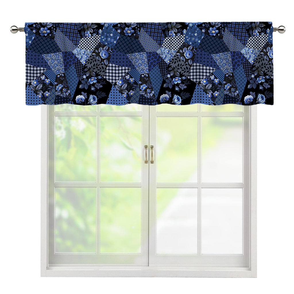 Blue Flower Patchwork Pattern Print Window Valance