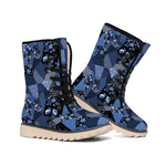 Blue Flower Patchwork Pattern Print Winter Boots