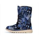Blue Flower Patchwork Pattern Print Winter Boots