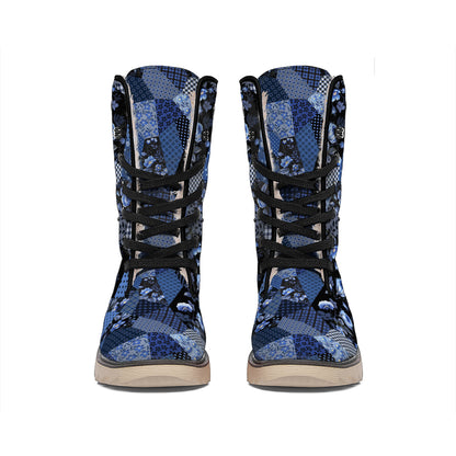 Blue Flower Patchwork Pattern Print Winter Boots