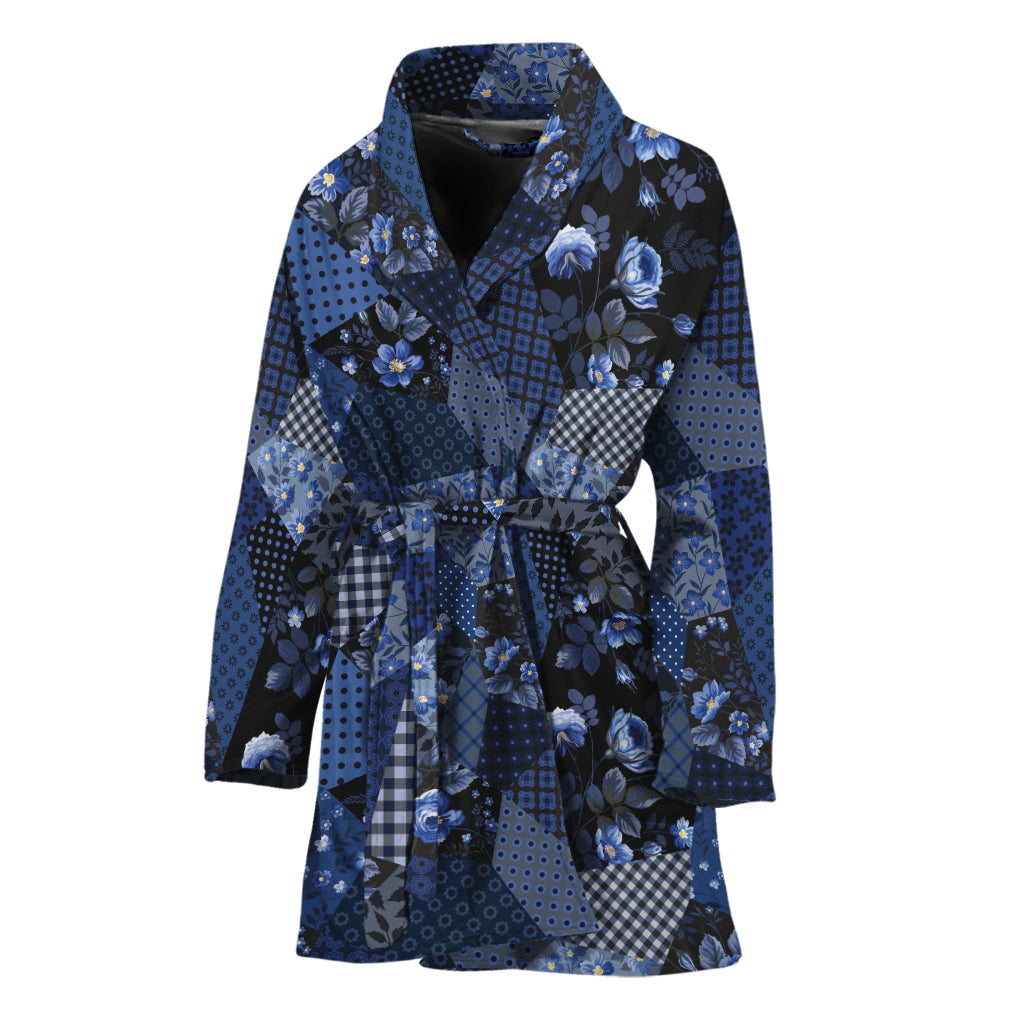 Blue Flower Patchwork Pattern Print Women's Bathrobe