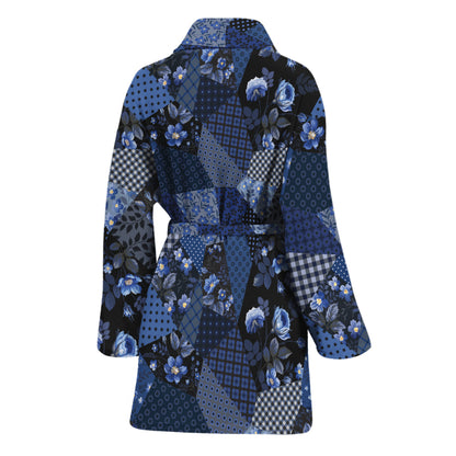 Blue Flower Patchwork Pattern Print Women's Bathrobe