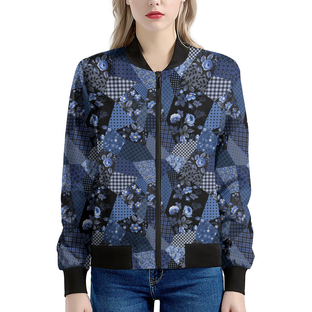 Blue Flower Patchwork Pattern Print Women's Bomber Jacket