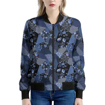 Blue Flower Patchwork Pattern Print Women's Bomber Jacket