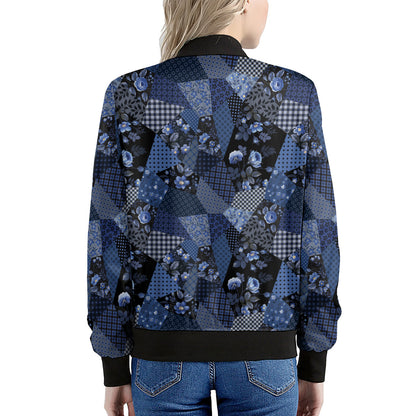 Blue Flower Patchwork Pattern Print Women's Bomber Jacket