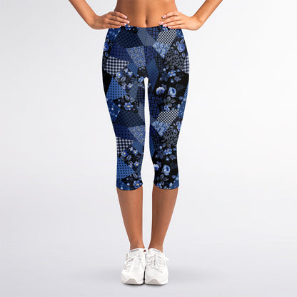 Blue Flower Patchwork Pattern Print Women's Capri Leggings