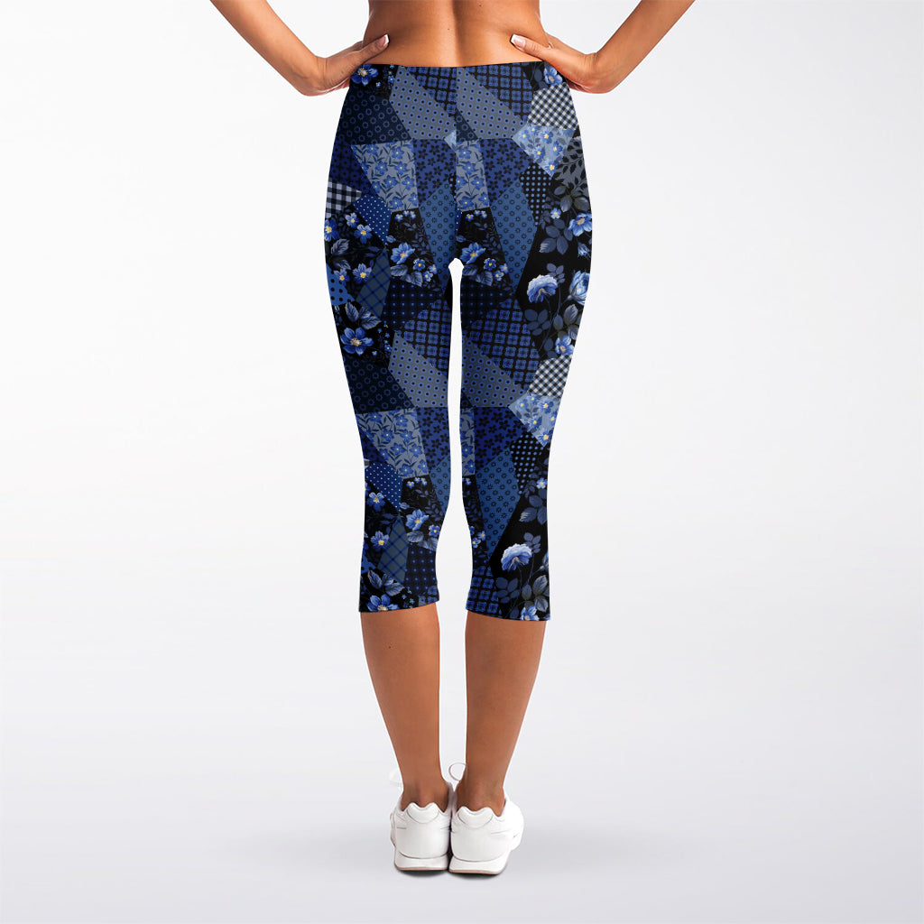 Blue Flower Patchwork Pattern Print Women's Capri Leggings