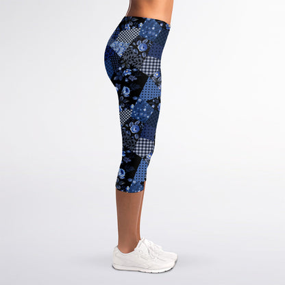 Blue Flower Patchwork Pattern Print Women's Capri Leggings