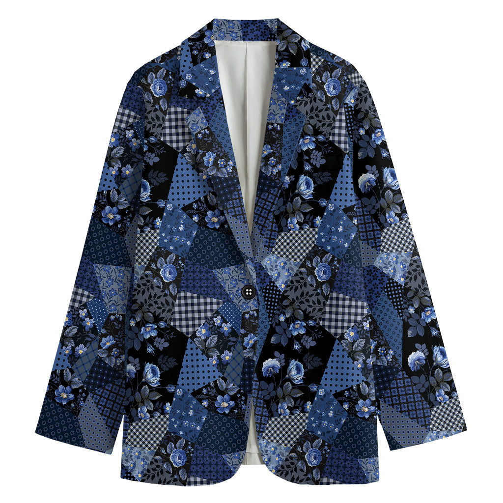 Blue Flower Patchwork Pattern Print Women's Cotton Blazer