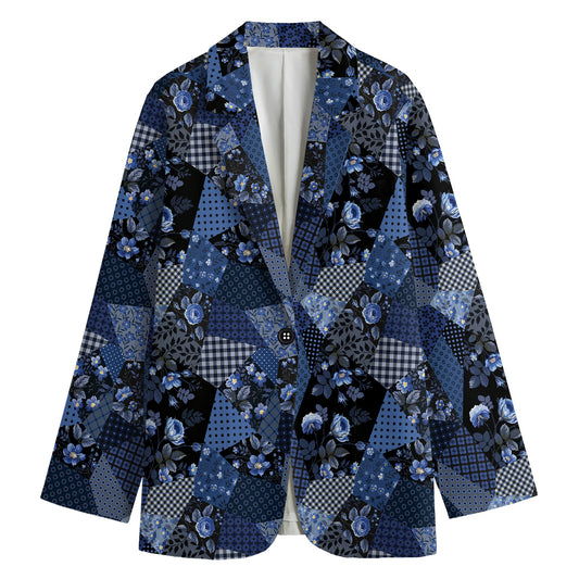 Blue Flower Patchwork Pattern Print Women's Cotton Blazer