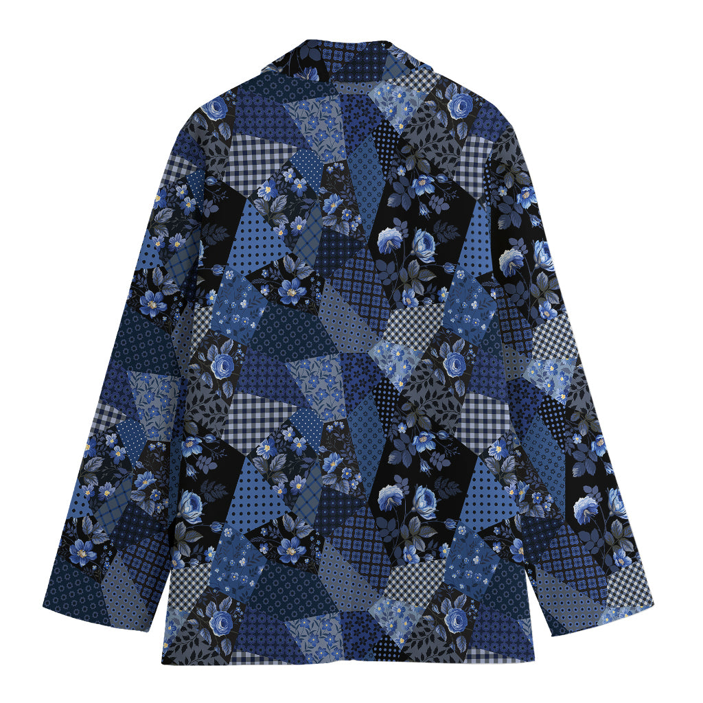 Blue Flower Patchwork Pattern Print Women's Cotton Blazer