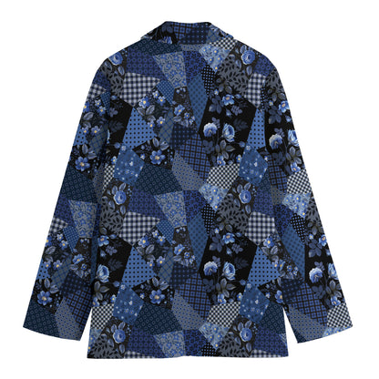 Blue Flower Patchwork Pattern Print Women's Cotton Blazer