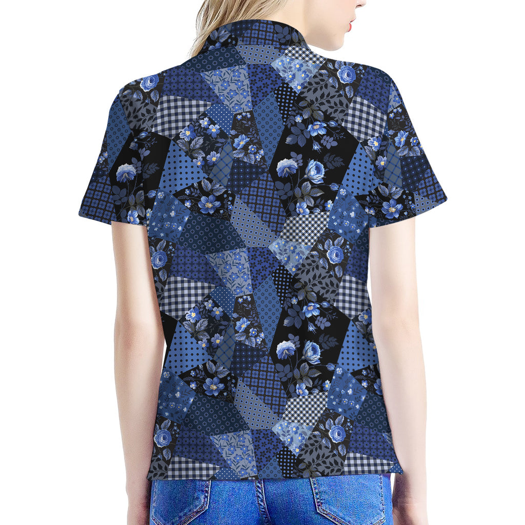 Blue Flower Patchwork Pattern Print Women's Polo Shirt