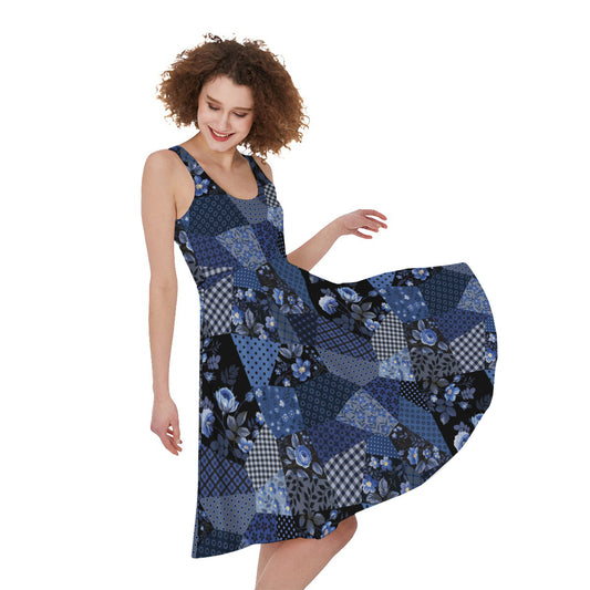 Blue Flower Patchwork Pattern Print Women's Sleeveless Dress