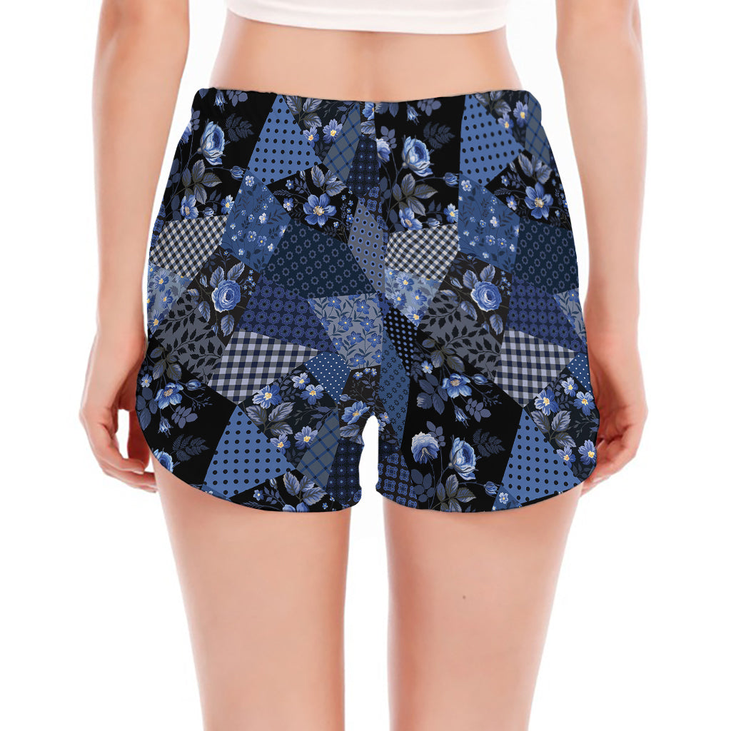 Blue Flower Patchwork Pattern Print Women's Split Running Shorts