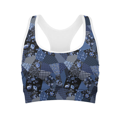 Blue Flower Patchwork Pattern Print Women's Sports Bra