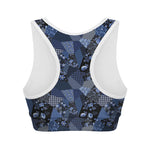 Blue Flower Patchwork Pattern Print Women's Sports Bra