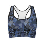 Blue Flower Patchwork Pattern Print Women's Sports Bra