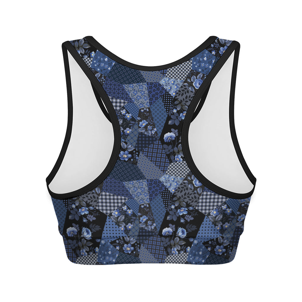 Blue Flower Patchwork Pattern Print Women's Sports Bra