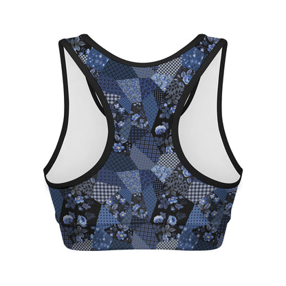 Blue Flower Patchwork Pattern Print Women's Sports Bra
